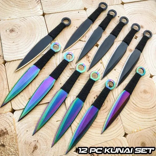 12PC 6.75" Black Rainbow Tactical Ninja Throwing Blade Knife