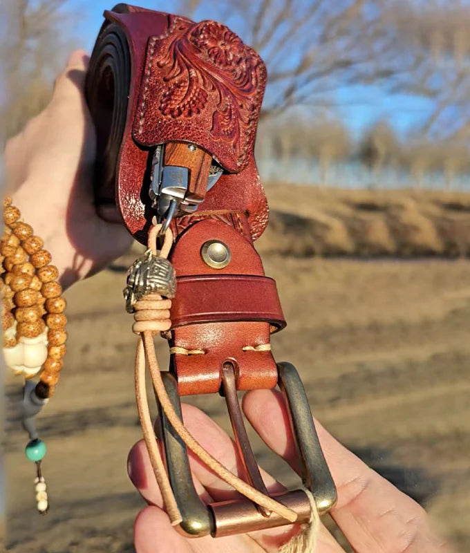 Cowhide belt (pure copper) Damascus folding knife