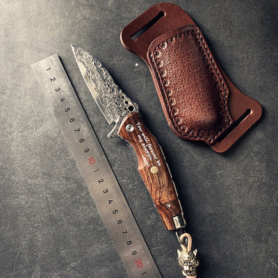 Cowhide belt (pure copper) Damascus folding knife