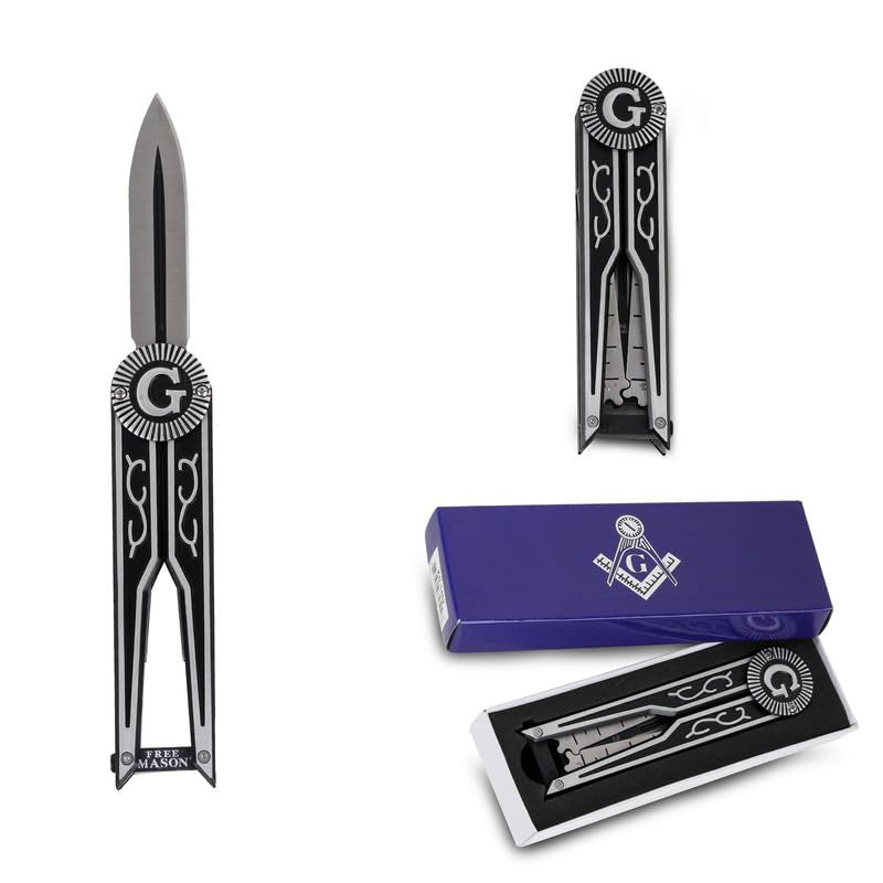 Folding pocket knife 5.75 inches opens to form compass/square masonic symbol