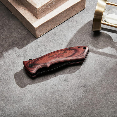 Custom Engraved Pocket Folding Knife with Wood Box